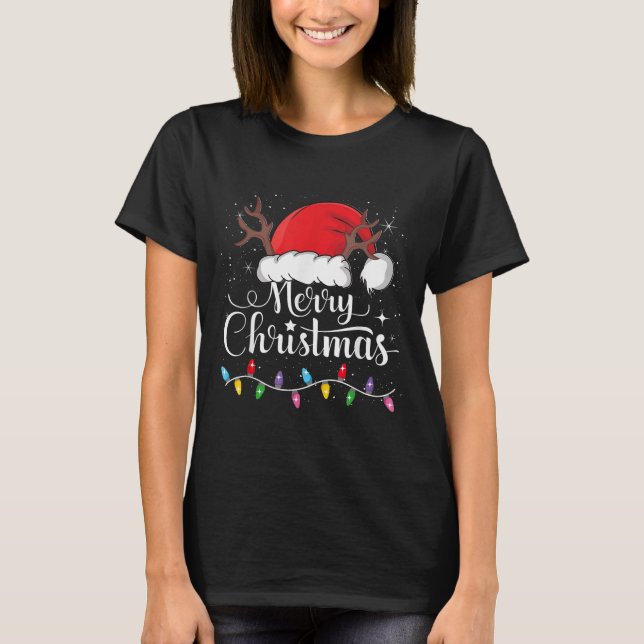 Merry Christmas Red Santa Hat Reindeer Xmas Family T-Shirt (Front)