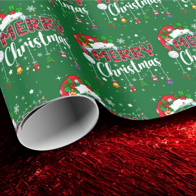 Merry Christmas Red Santa Hat Reindeer Xmas Green Wrapping Paper (Creator Uploaded)