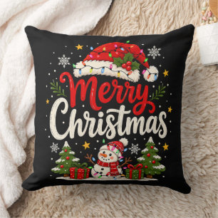 Merry Christmas Red Santa Snowman Xmas Lights Cushion