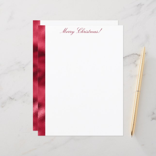 Merry Christmas Red Satin Chic Metallic Stationary (Front/Back In Situ)