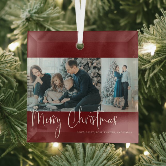 Merry Christmas Red Script 2 Photo Collage Holiday Glass Tree Decoration (Insitu)