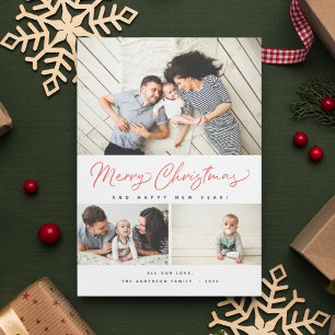 Merry Christmas Red Script 3 Collage Multi-Photo Holiday Card