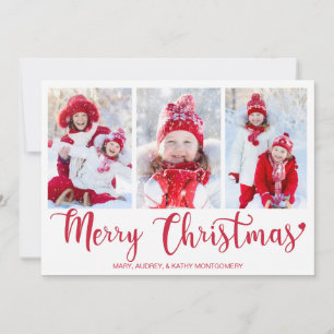 Merry Christmas Red Script 3 Family Photo Holiday Card