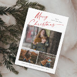 Merry Christmas Red Script 3 Photo Collage Holiday Card<br><div class="desc">Merry Christmas Red Script 3 Photo Collage with elegant handwritten typography and 3 photos on the front. The back has a single photo. Click the edit button to customise this design.</div>