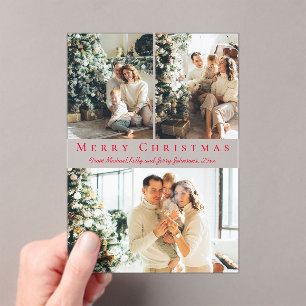 merry christmas red script 3 photo holiday card  acrylic invitations