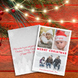 merry christmas red script 3 photos collage  card<br><div class="desc">background deco by freepik.com
elegant merry christmas redhandwriting three photos collage family holiday Note Card 
two sided card, on the back side holiday message, custom.</div>