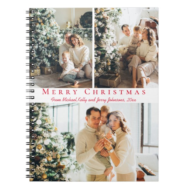 merry christmas red script 3 photos collage chic notebook (Front)