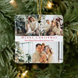 merry christmas red script 3 photos collage family ceramic ornament