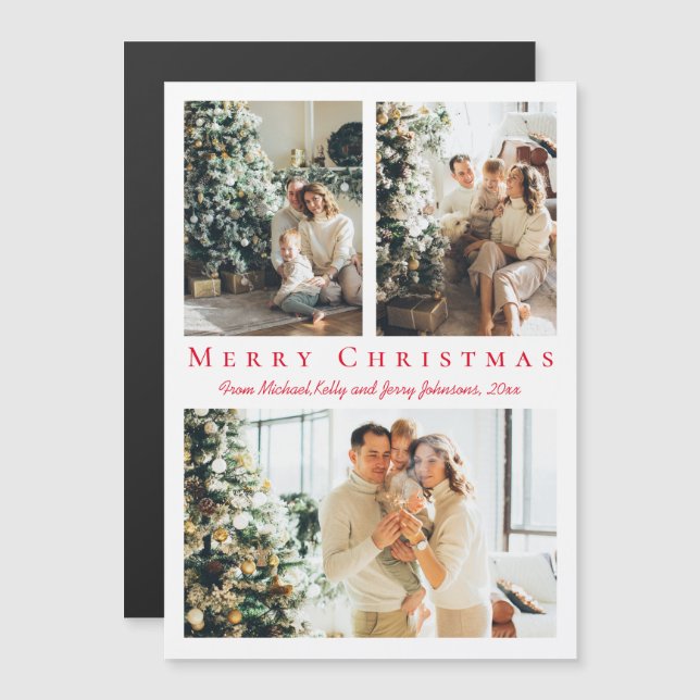 merry christmas red script 3 photos collage magnet (Front/Back)