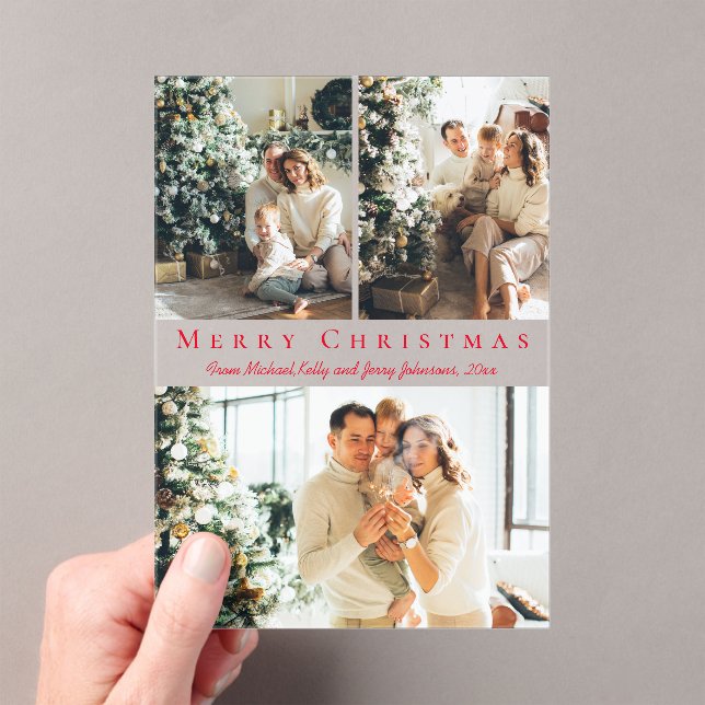 merry christmas red script 3 photos holiday card  acrylic invitations (Insitu (Handheld))