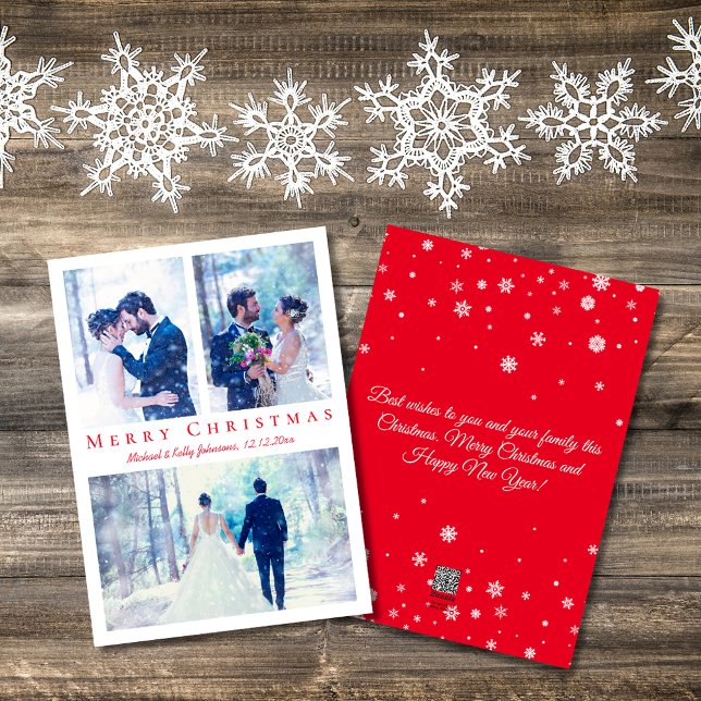 merry christmas red script 3 photos wedding holiday card (Creator Uploaded)