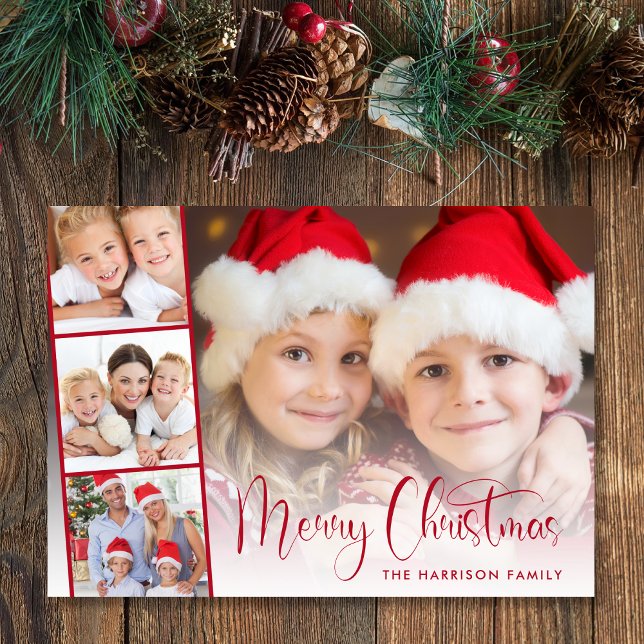 Merry Christmas Red Script 4 Photo Strip Holiday Card (This holiday season, let your family's smiles and heartwarming memories shine on our 4 photo card)
