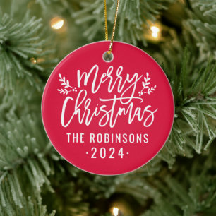 Merry Christmas Red Script Custom Family Photo Ceramic Tree Decoration