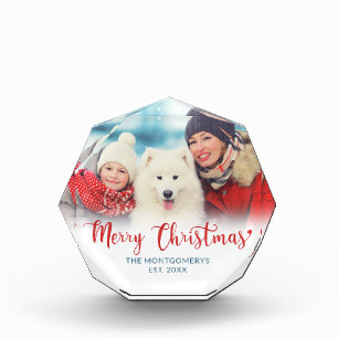 Merry Christmas Red Script Family Dog Photo Block