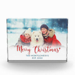 Merry Christmas Red Script Family Dog Photo Block