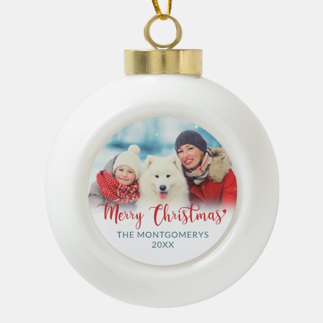 Merry Christmas Red Script Family Photo Dog Ceramic Ball Christmas Ornament (Front)