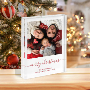 Merry Christmas Red Script Minimalist Photo Block