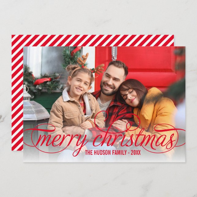 Merry Christmas Red Script Photo Overlay Holiday Card (Front/Back)