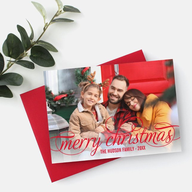 Merry Christmas Red Script Photo Overlay Holiday Card (Creator Uploaded)