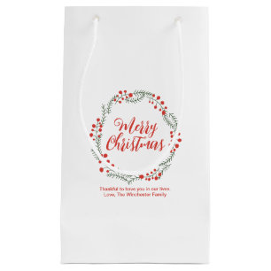 Merry Christmas red script rustic wreath custom Small Gift Bag
