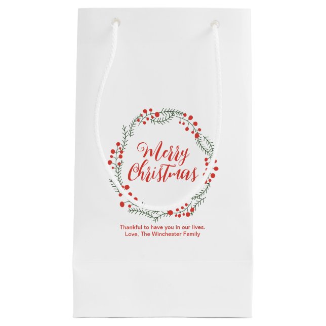 Merry Christmas red script rustic wreath custom Small Gift Bag (Front)