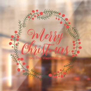 Merry Christmas red script rustic wreath frame Window Cling