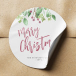 Merry Christmas red script simple modern elegant Classic Round Sticker<br><div class="desc">Modern stylish Merry Christmas red green handwritten typography script simple gift label round sticker with your name featuring watercolor botanical greenery and holy berries.</div>