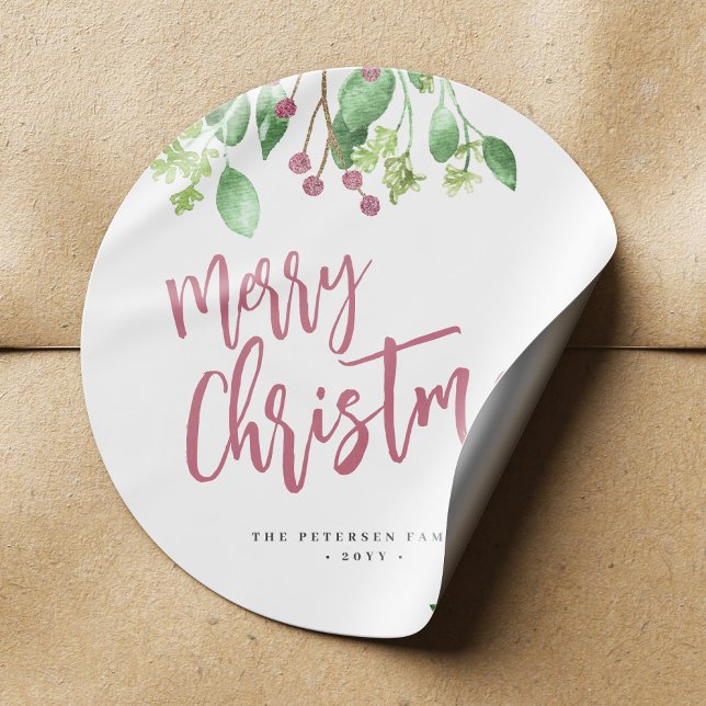 Merry Christmas red script simple modern elegant Classic Round Sticker (Creator Uploaded)