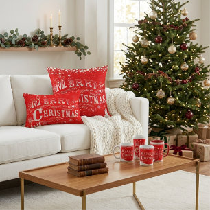 Merry Christmas Red Snowflake Lumbar Decorative Cushion