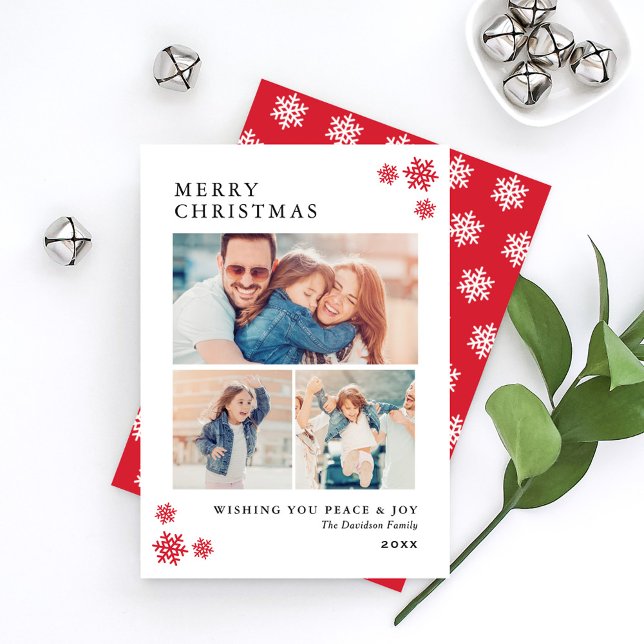 Merry Christmas Red Snowflake Photo Collage Holiday Card (Creator Uploaded)