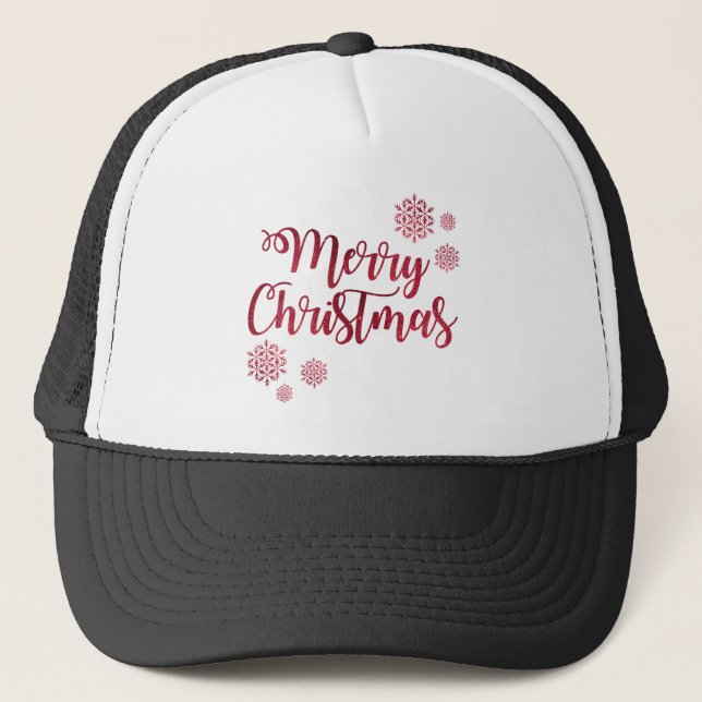 Merry Christmas Red Snowflake Typography Trucker Hat (Front)