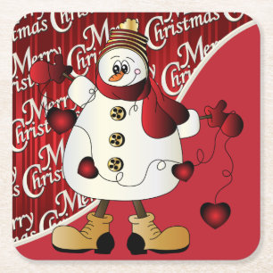 Merry Christmas Red Snowman Square Paper Coaster