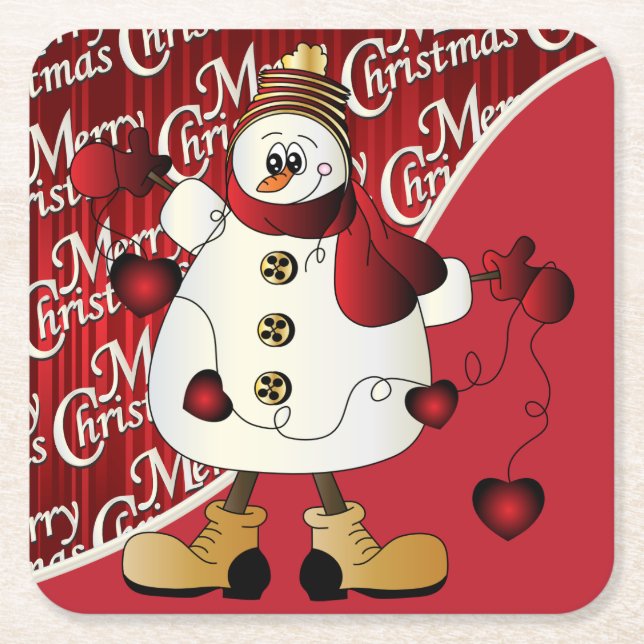 Merry Christmas Red Snowman Square Paper Coaster (Front)