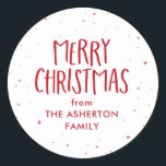 Merry Christmas red stars dots personalised Classic Round Sticker<br><div class="desc">Merry Christmas! This red and white holiday gift sticker is a fun and festive touch to all your Christmas presents. Featuring hand-drawn stars and dots along with a "Merry Christmas, " this simple gift tag design also has room for custom text. Find matching gift wrap as well as holiday photo...</div>