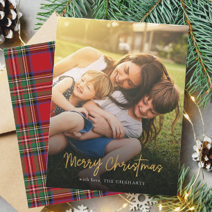 Merry Christmas Red Stewart Tartan Family Photo Card