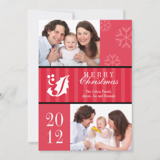 Merry Christmas red stripes holly leaf photo card