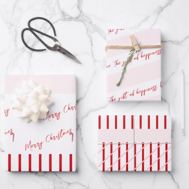Merry Christmas Red Stripes & Soft Pink Wrapping Paper Sheet (Front)