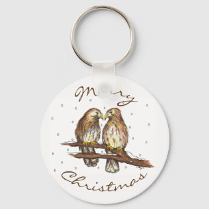 Merry Christmas Red Tailed Hawk Love Bird Snow Key Ring