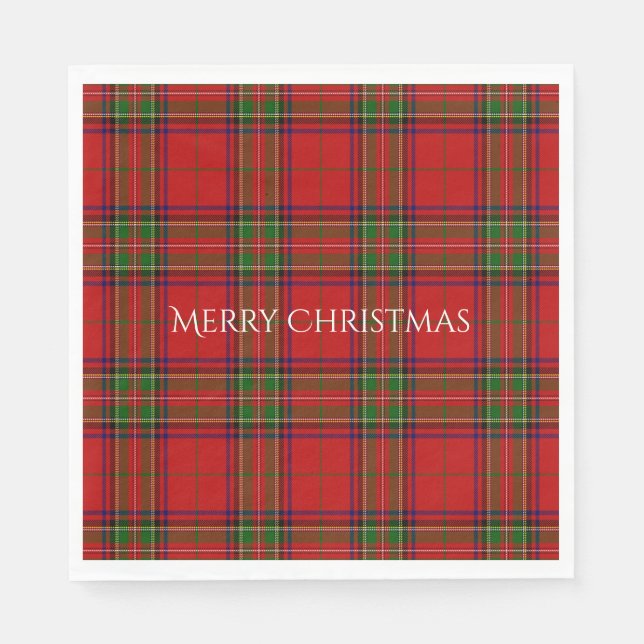 Merry Christmas Red Tartan Plaid Napkin (Front)