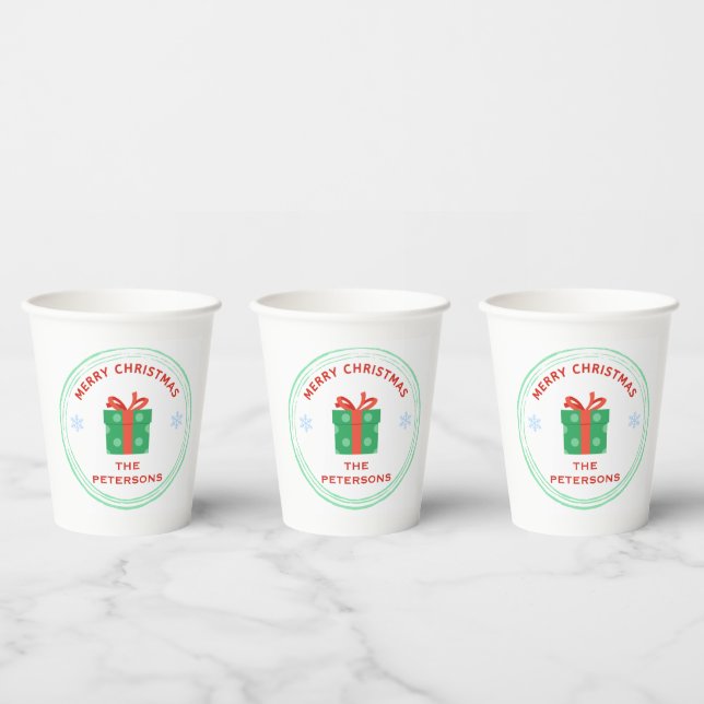 Merry Christmas red text gift box on white Paper Cups (Multi)