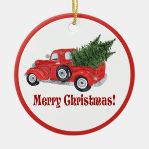 Merry Christmas Red Truck and Tree Ornament