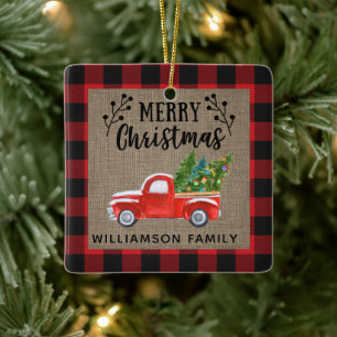 Merry Christmas Red Truck Buffalo Check Family Ceramic Ornament