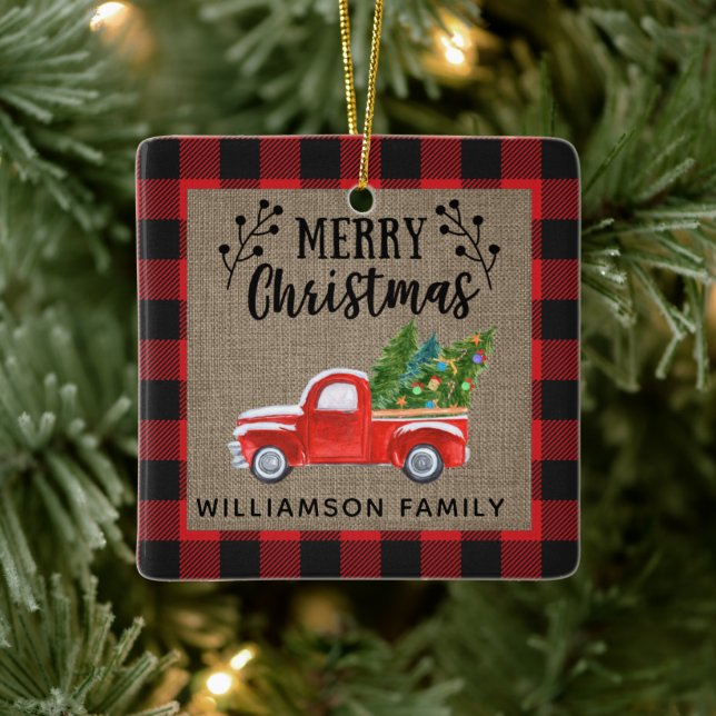 Merry Christmas Red Truck Buffalo Check Family Ceramic Ornament (Tree)