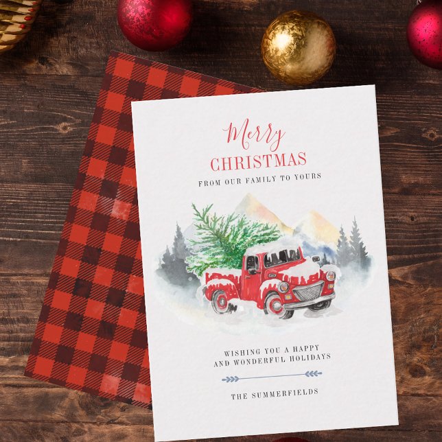 Merry Christmas Red Truck Buffalo Family Card (Merry Christmas Red Truck Plaid Rustic Red Black Holiday Greetings)