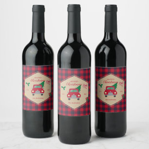Merry Christmas Red Truck Buffalo Plaid Holiday Wine Label