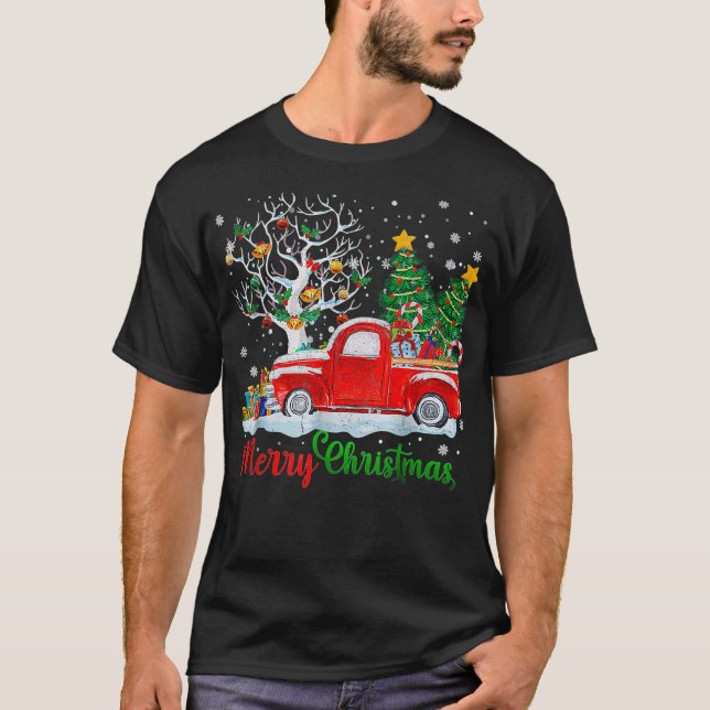 Merry Christmas Red Truck Christmas Tree Lights Sn T-Shirt (Front)