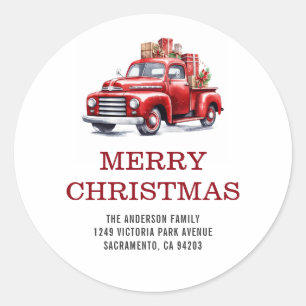 Merry Christmas Red Truck Family Return Address Classic Round Sticker