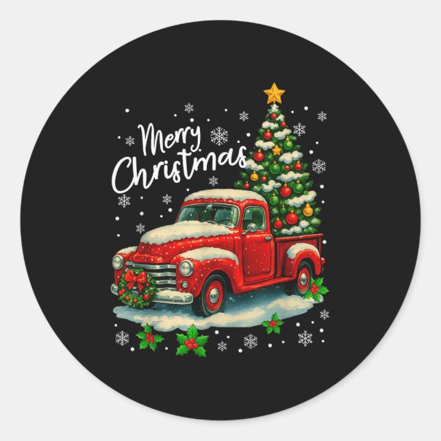 Merry Christmas Red Truck Funny Xmas Tree Family M Classic Round Sticker (Front)