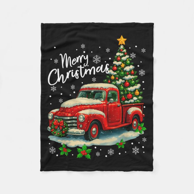 Merry Christmas Red Truck Funny Xmas Tree Family M Fleece Blanket (Front)