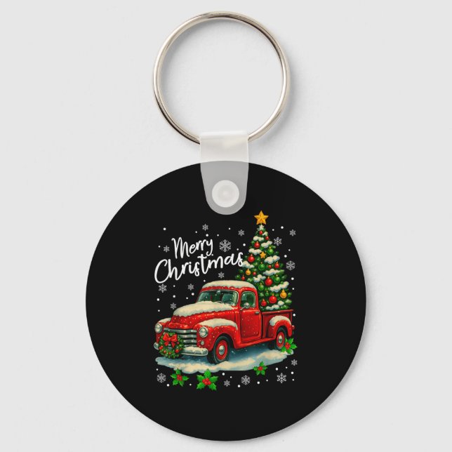 Merry Christmas Red Truck Funny Xmas Tree Family M Key Ring (Front)